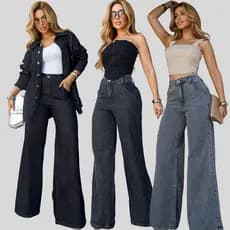 Calça wedi leg feminina sem elastano cintura alta estilo pantalona Jeans preta Cargo confortavel