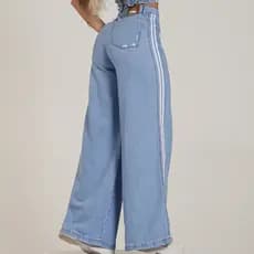 Calça Pantalona Jeans Feminina Listras Wedi Leg Larga Trackpants Alta