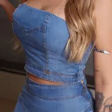 Blusa Cropped no liocel jeans tomara que cai com lastex nas costas e ziper destácavel