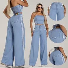 Calça Jeans Feminina Pantalona Feminina Listras Laterais Promoção