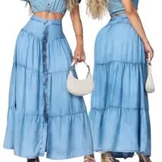 Saia Longa Jeans feminina Cintura Alta Tendencia Lançamento