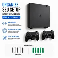 Suporte PS4 Slim de Parede e 2 Suportes para Controle com Buchas e Parafusos