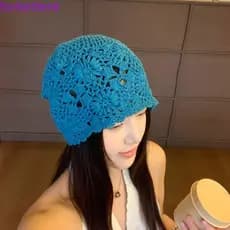 Chapéu De Malha De Flor De Crochê  , Gorro Fino Vazado Estilo Boêmio , Boné Coreano Feito À Mão