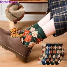 Meias Femininas De Malha Confortáveis Clássicas Outono Inverno Padrão Xadrez Estilo Preppy Casuais Grossas
