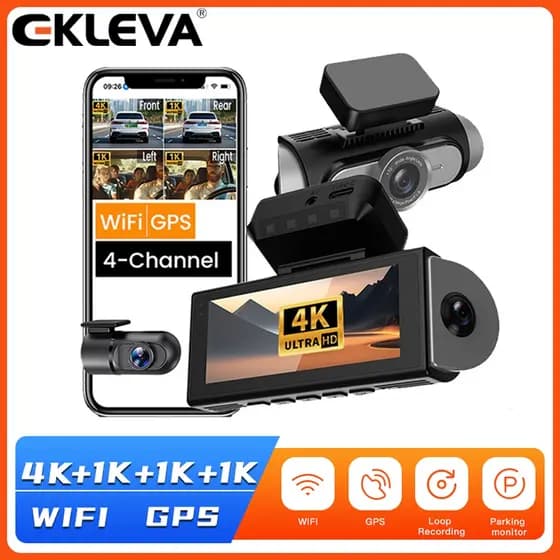 EKLEVA 4K + 1K WiFi Carro DVR Cam Gravador De Vídeo Fisheye 360 Panorâmica 4CHs Traço Câmera 2160P 24H Monitor Estaciona