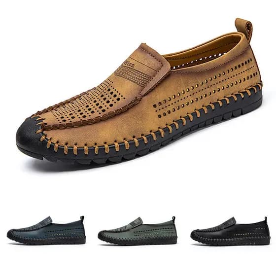 Sapatos masculinos moda sapatos casuais sapatos planos oco respirável sapatos de couro artesanal de um Pedal
