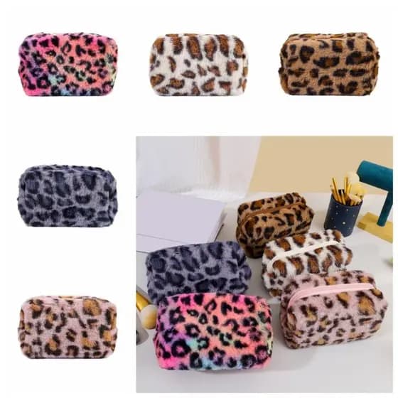 BLUEVELVETQW Bolsa Cosmética Feminina , Bolsas De Maquiagem De Pelúcia Macias Com Estampa De Leopardo , Organizador Durá
