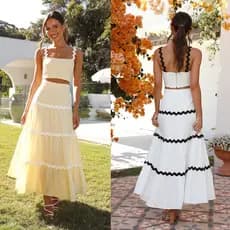 Europeu americano verão feminino duas cores costura estilingue costura superior saia longa duas-