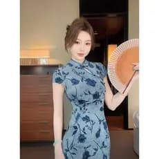 Retro Moda Floral Manga Curta Cheongsam Slim-Fit Sli