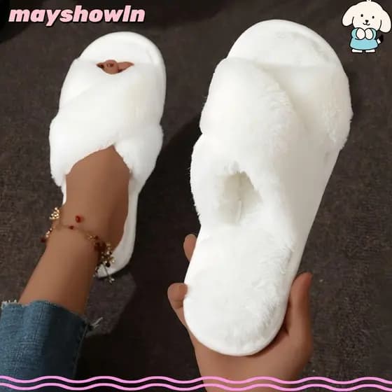MAYSHOWLN Chinelos Femininos De Pelúcia Para Casa , De Chão Interno Com Sola Macia , Cinto Cruzado , Bico Aberto , Sapat