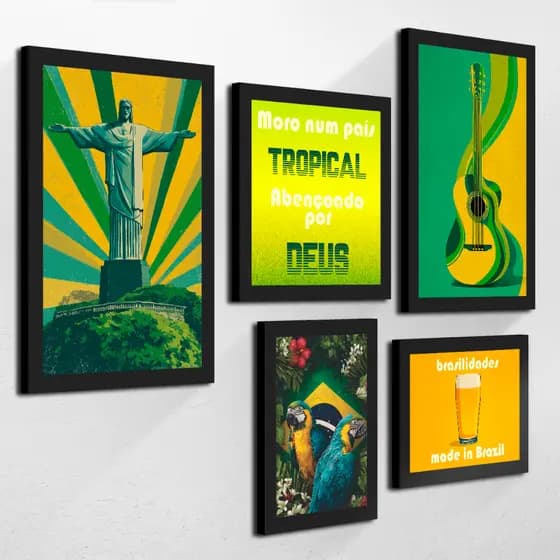 Kit de 5 Quadros Decorativos Brasilidades Quarto Sala Pontos Turísticos Moderno