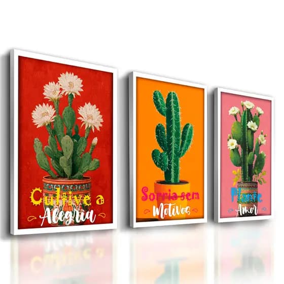 Kit de Quadros Decorativos Cactos Motivacional Colorido Com Moldura Sala Quarto Escritório