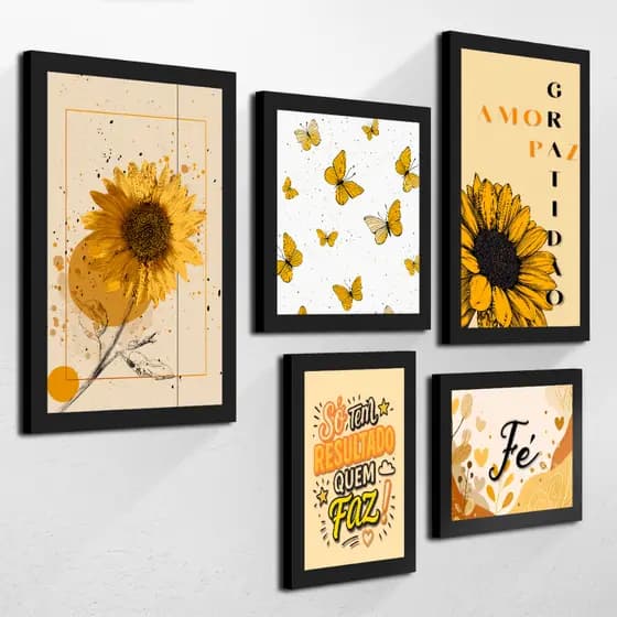 Kit de 5 Quadros Decorativos Motivacional Girassol Borboleta Quarto Sala Moderno Lindo