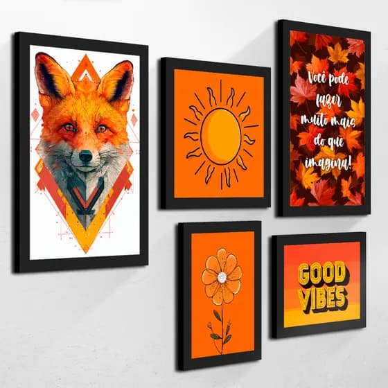5 Quadros Decorativos Raposa Sol Good Vibes Quarto Sala Cozinha Motivacional Moderno
