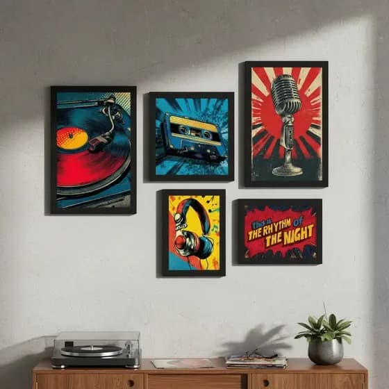 Kit De Quadros Decorativos Pop Art Disco Microfone Música Estiloso e Moderno Para Sala Studio Quarto Hall