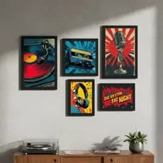 Kit De Quadros Decorativos Pop Art Disco Microfone Música Estiloso e Moderno Para Sala Studio Quarto Hall