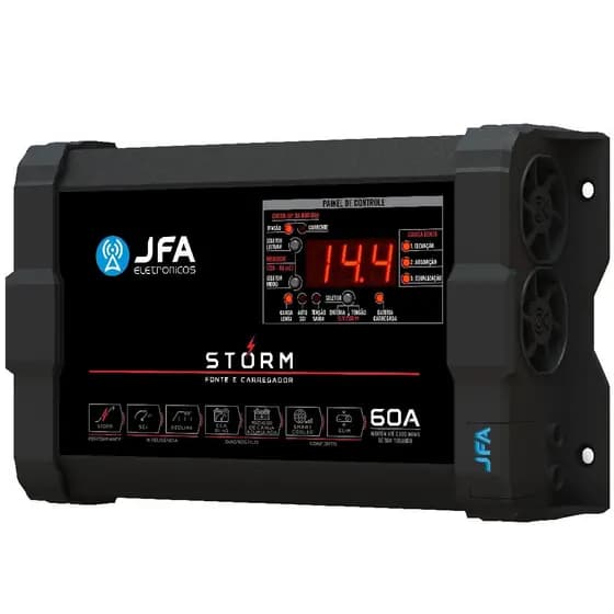 Fonte JFA Storm 60A Bivolt Carregadora Bateria Para Som Automotivo Trio Paredão Festa Show
