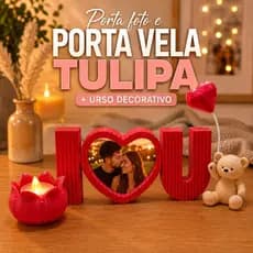 Kit Urso + Porta Foto + Porta vela Com Coração Pequeno Presente Lembrancinha Dia dos Namorados