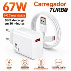 Carregador De Celular Turbo Tipo C 67W Original USB-A Tipo C Com Cabo Carga Rápida Universal Android