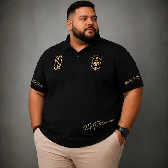 Camiseta Polo Plus Size Masculina Preta Premium Número 10 Dourado Estilo Luxo Streetwear Futebol Casual Tamanho Especial
