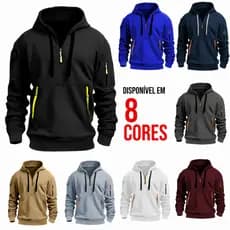 Moletom Masculino Forrado de Lã, Casual, Esportivo, com Capuz e Bolsos na Manga com Múltiplos Zíperes