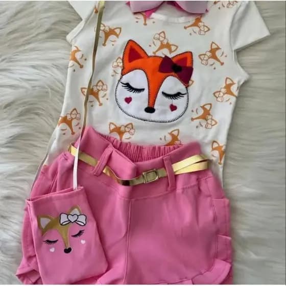 4 Peças Conjunto Infantil Menina Verão Passeio Blusa Algodão + Short + Cinto e Bolsinha