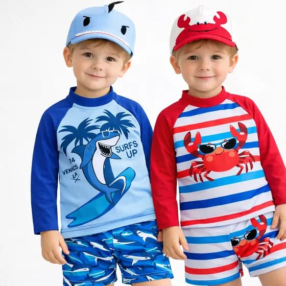 Conjunto Praia Infantil Menino UV50+ 3 Peças | Camisa UV Manga Longa + Sunga + Boné Verão Solar Verão