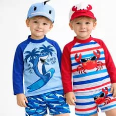 Conjunto Praia Infantil Menino UV50+ 3 Peças | Camisa UV Manga Longa + Sunga + Boné Verão Solar Verão