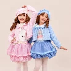 Conjunto Infantil Feminino Luxo 4 Peças  Casaco Peluciado Com Boina e Saia