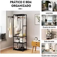 Cabideiro Arara De Chão Organizador Para Roupas Com Sapateira Multiuso Rack