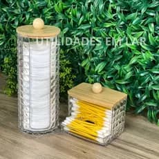 Kit Conjunto Porta Cotonete em Acrílico Suporte com Tampa e Porta Algodão em Acrílico Organizador