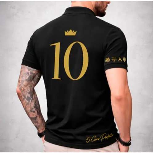 Camiseta Polo Masculina Preta Premium Número 10 Dourado – Estilo Luxo Streetwear Futebol Casual Padrao Moda Masculina