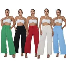 Kit 3 Calças Pantalona Feminina Com Elástico Na Cintura Tecido Duna