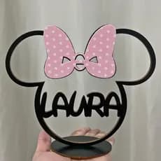 Centro de Mesa Minnie Tradicional Bolinhas Personzalizado com Nome Aniversário Tema Minnie Tradicional Rosa