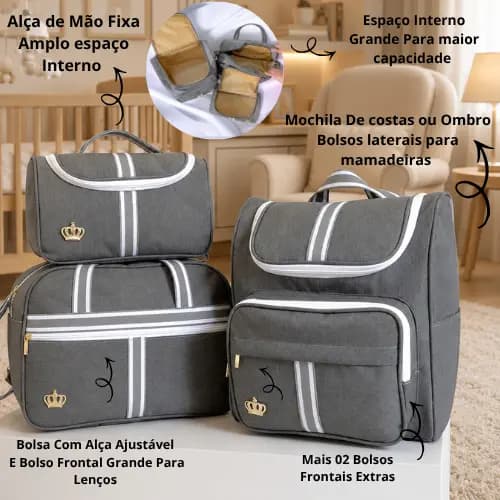 Kit Classic Cinza de Bolsas Maternidade 03 peças Cinza Com Faixa Cinza