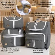 Kit Classic Cinza de Bolsas Maternidade 03 peças Cinza Com Faixa Cinza