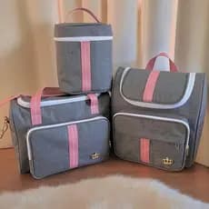 Kit Silver Pink de Bolsas Maternidade 03 peças Cinza Com Rosa Com porta Mamadeira