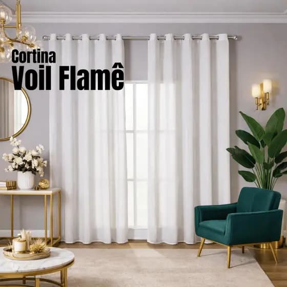 Cortina Sala Voil Flame 6 Metros Tecido Linho Gaze Barra Larga Para Varão Simples 6,00x2,50