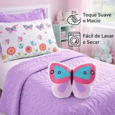 Kit Colcha Infantil Solteiro Cobre Leito 4 Peças Primavera Rosa Lilás Borboleta Toque Macio