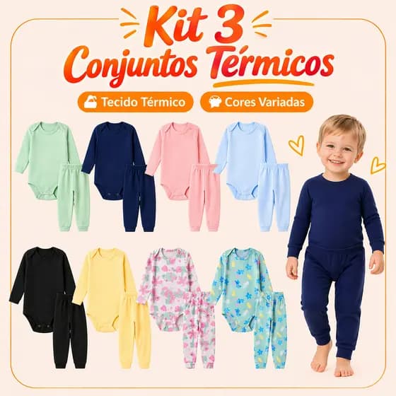 Kit 6 Peças Conjunto Térmico 3 Bodys + 3 Calças Infantil para Bebe Menino e Menina Peluciado Inverno