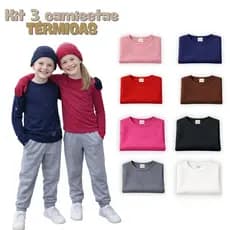 Kit 3 Blusas de Manga Longa Térmico e Peluciada Frio Segunda Pele 10 a 16 Camiseta Termica Quentinha