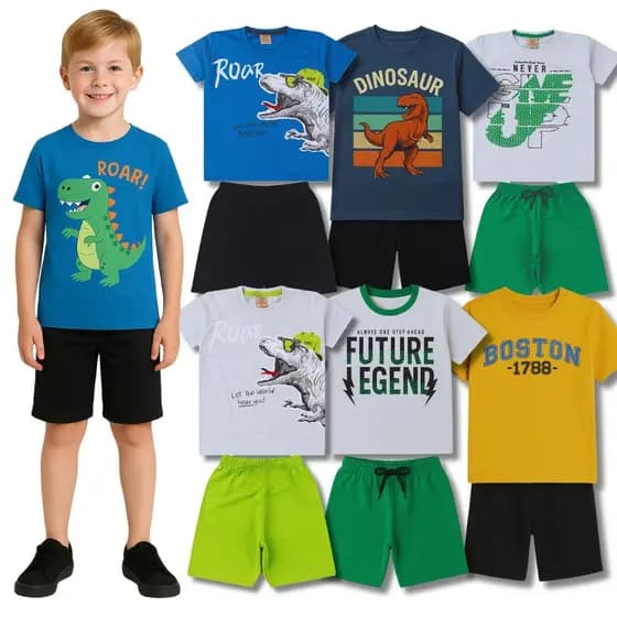 Kit 4 Peças de Roupas Infantil Menino 2 Camiseta e 2 Bermuda - Kit com 2 Conjunto Masculino Verão