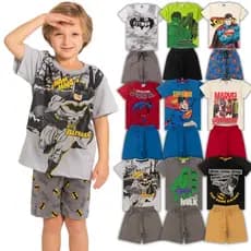 Kit de Roupa Menino Infantil Herói Verão 1 ao 10 Conjunto Personagem Batman Aranha Hulk Minecraft