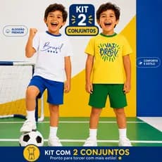 Kit 2 Conjunto Brasil Infantil Copa do Mundo Camiseta + Bermuda Seleção Brasileira Amarelo e Branco