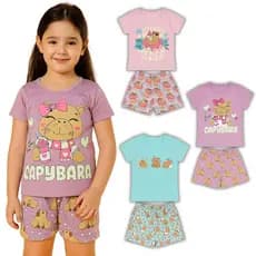 Pijama Brilha no Escuro Conjunto Menina Infantil Capivara Malha Levinha Verão Calor