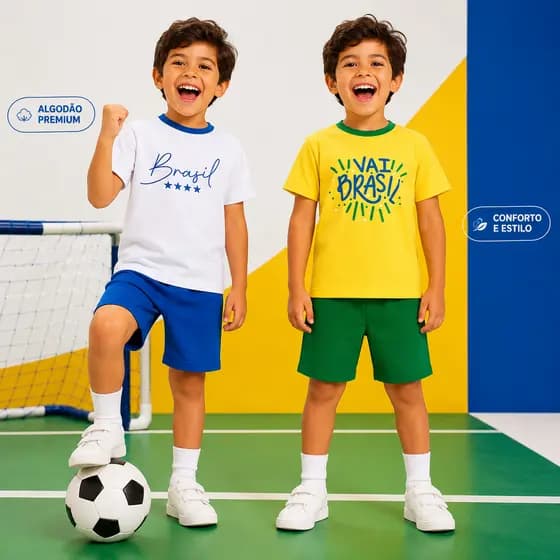 Conjunto Brasil Infantil Copa do Mundo Camiseta + Bermuda Seleção Brasileira Amarelo e Branco 4 a 12