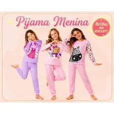 Pijama Brilha no Escuro Manga Longa Menina Conjunto Infantil Inverno Estampas Brilhante Festa