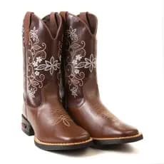 Bota Texana Feminina Café Confortável Couro Legítimo Bordada Bico Quadrado Cano Médio Country Linda