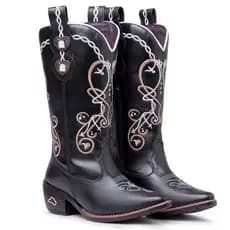 Bota Texana Preta Couro Legítimo Feminina Country Bordada Western Mustang Alta Qualidade e Conforto