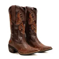 BOTA TEXANA FEMININA BORDADA LATEGO CHOCOLATE/ECO CHOCOLATE COUNTRY COURO COWBOY LONGO REF 6216